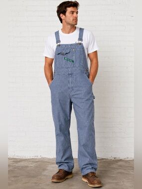 KEY Imperial Blue White Hickory Stripe Bib Overalls Men’s 42x28 100% Cotton